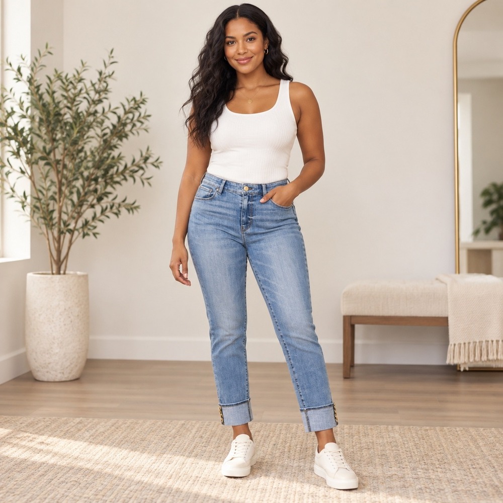 White House Black Market Jeans Women 8 Blue Mid Rise Cuffed Chain Detail Slim